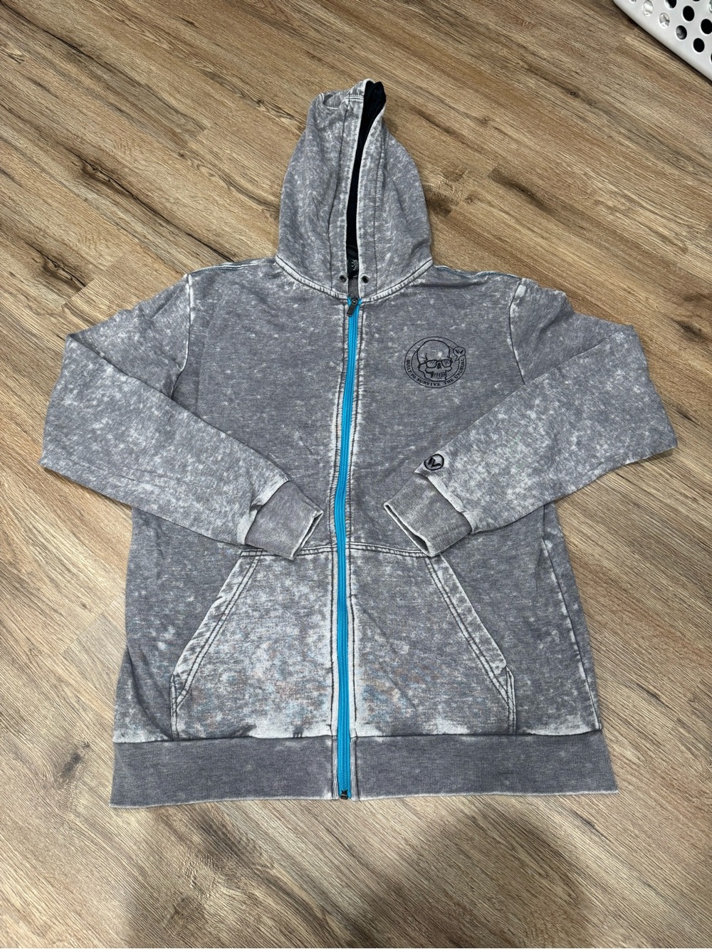 Y2K Shaun White Acid Wash Grey Hooded Zip Sweatshirt with Blue Zipper